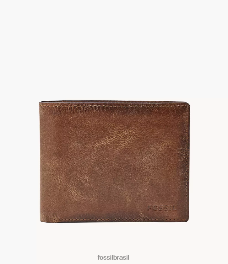 Fossil carteira homens derrick rfid bolso grande para moedas com dobra dupla marrom 66RZLJ1679
