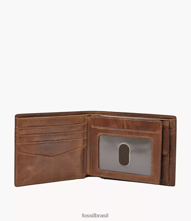 Fossil carteira homens derrick rfid bolso grande para moedas com dobra dupla marrom 66RZLJ1679