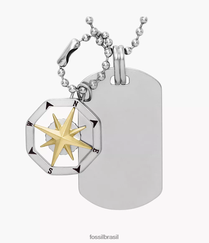 Fossil joia homens colar de etiqueta de cachorro de aço inoxidável com bússola sutton tom prata 66RZLJ1902