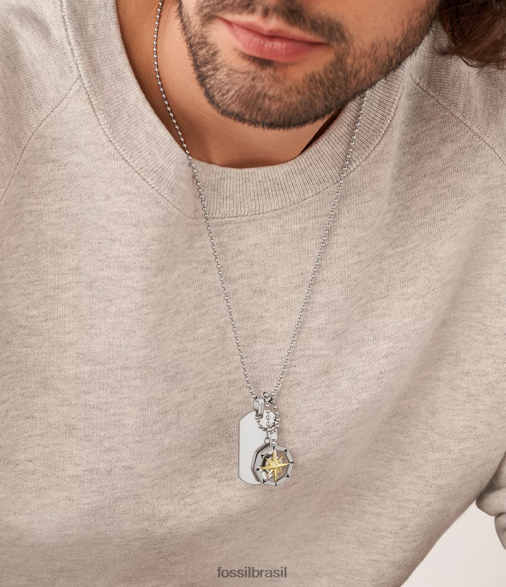 Fossil joia homens colar de etiqueta de cachorro de aço inoxidável com bússola sutton tom prata 66RZLJ1902