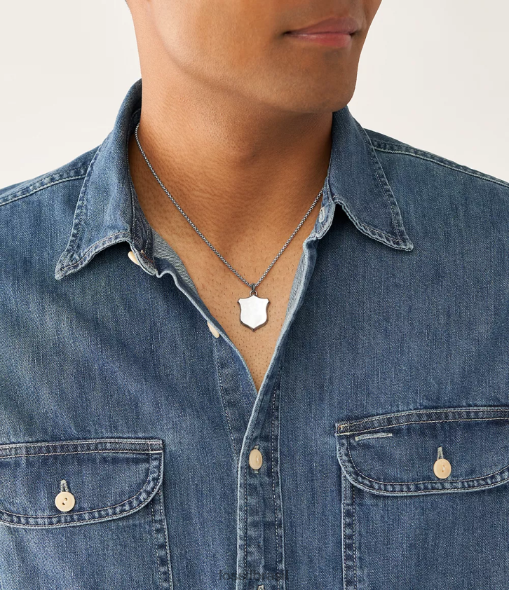 Fossil joia homens colar de pingente de aço inoxidável com escudo de herança tom prata 66RZLJ1922