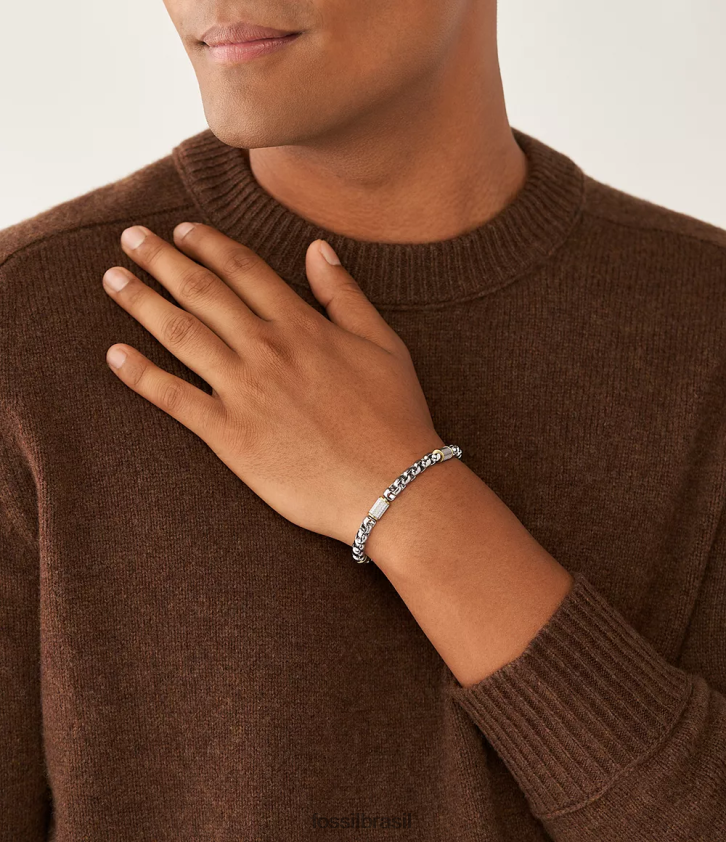 Fossil joia homens pulseira de corrente de aço inoxidável toda empilhada prata e ouro bicolor 66RZLJ1863