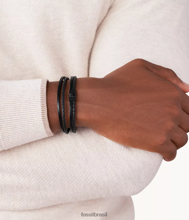 Fossil joia homens pulseira de couro com vários fios preto 66RZLJ1887