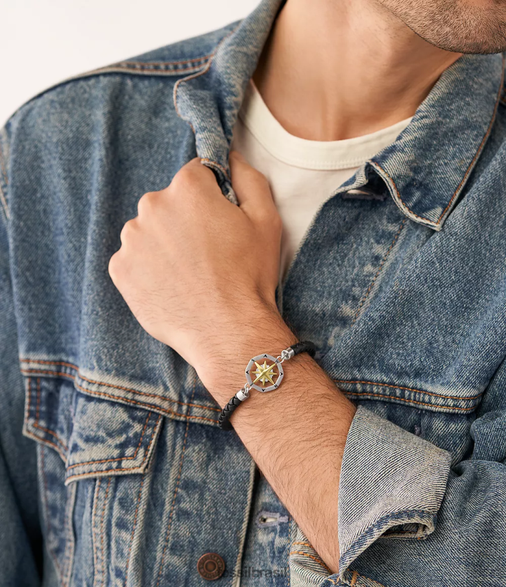 Fossil joia homens pulseira de estação de aço inoxidável com bússola sutton tom prata 66RZLJ1882
