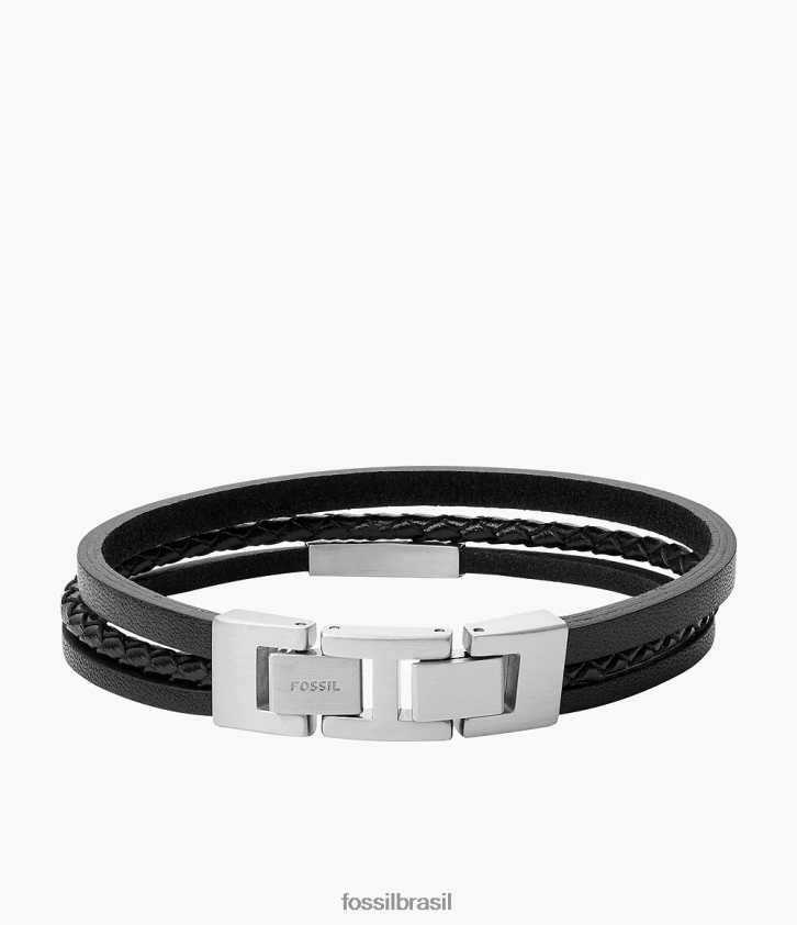 Fossil joia homens pulseira multifilamentos em aço e couro tom prata 66RZLJ1860