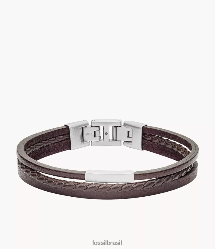 Fossil joia homens pulseira multifilamentos em aço e couro tom prata 66RZLJ1868