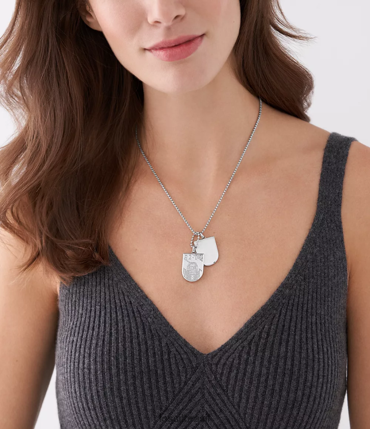 Fossil joia mulheres colar de etiqueta de cachorro de aço inoxidável star wars r2-d2 tom prata 66RZLJ911