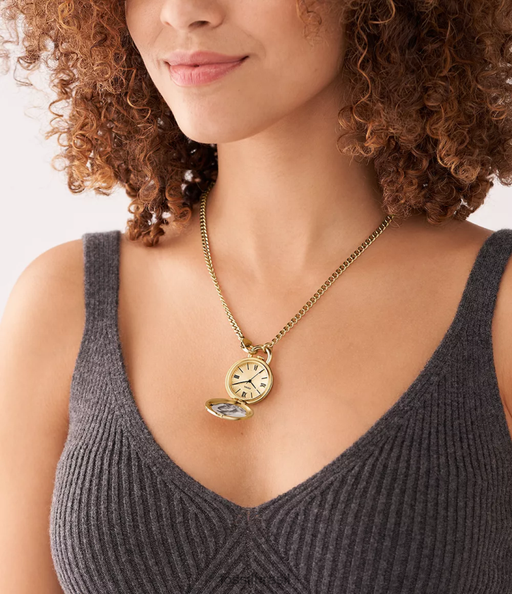 Fossil joia mulheres jacqueline medalhão de relógio de três ponteiros em aço inoxidável tom de ouro 66RZLJ898