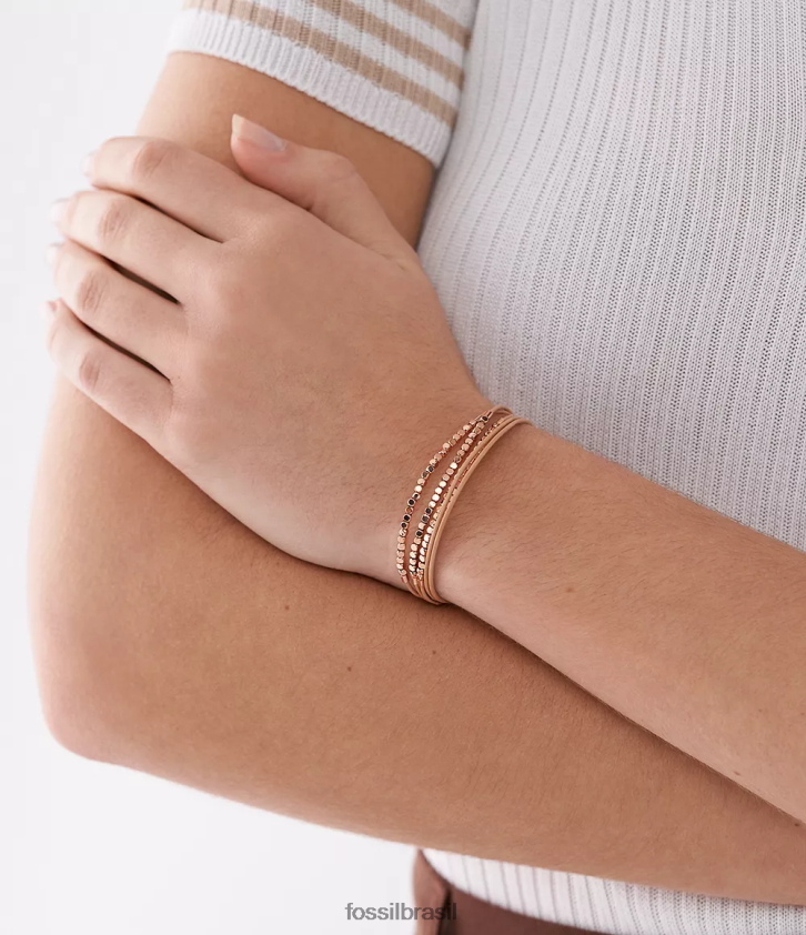 Fossil joia mulheres pulseira de corrente de couro toda empilhada marrom 66RZLJ981