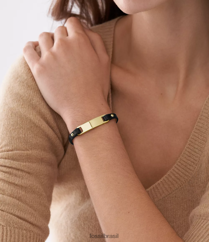 Fossil joia mulheres pulseira de couro com placa herdada preto 66RZLJ980