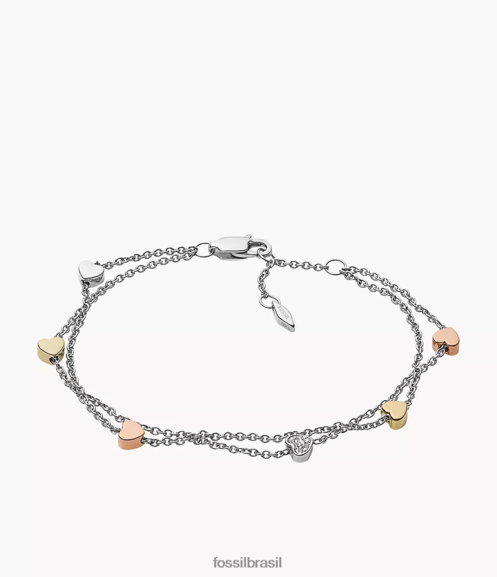Fossil joia mulheres pulseira sutton coração em aço tricolor com corrente dupla prata 66RZLJ1015