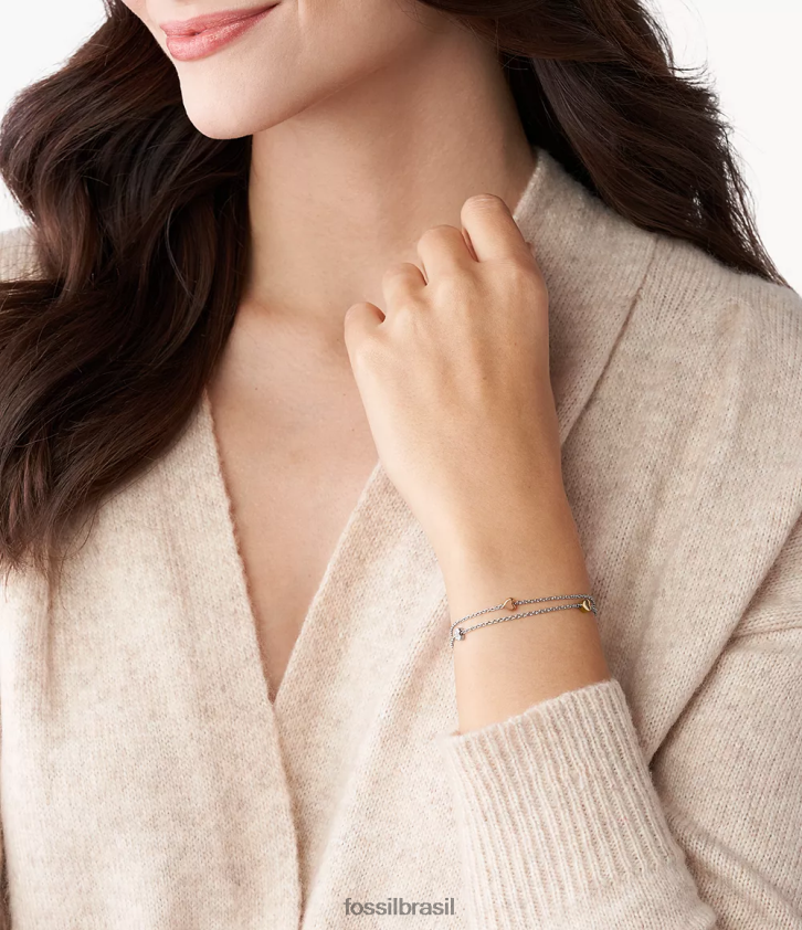 Fossil joia mulheres pulseira sutton coração em aço tricolor com corrente dupla prata 66RZLJ1015
