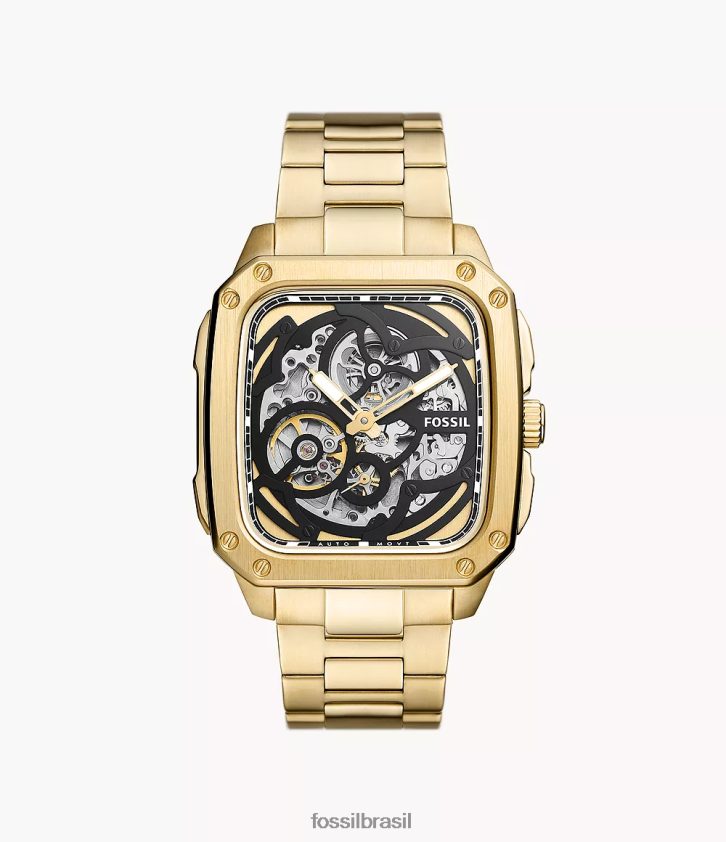 Fossil assistir homens inscrição relógio automático de aço inoxidável tom de ouro 66RZLJ1392