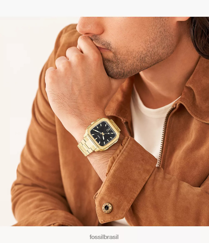 Fossil assistir homens inscrição relógio de aço inoxidável com data de três ponteiros tom de ouro 66RZLJ1351