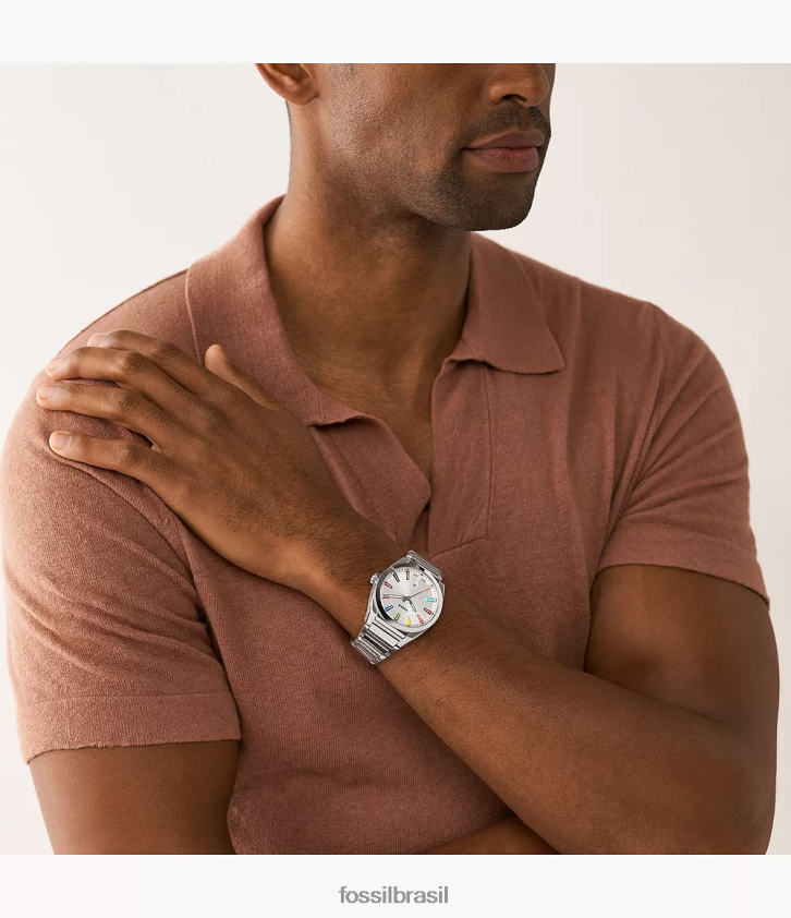 Fossil assistir homens orgulho relógio de três ponteiros em aço inoxidável tom prata 66RZLJ1344