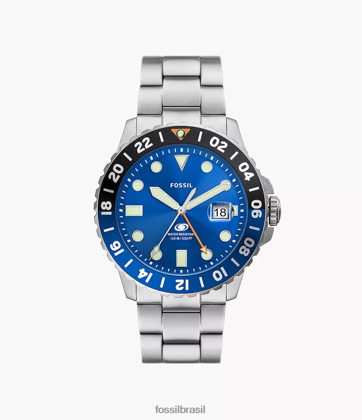 Fossil assistir homens relógio de aço inoxidável gmt azul 66RZLJ1348