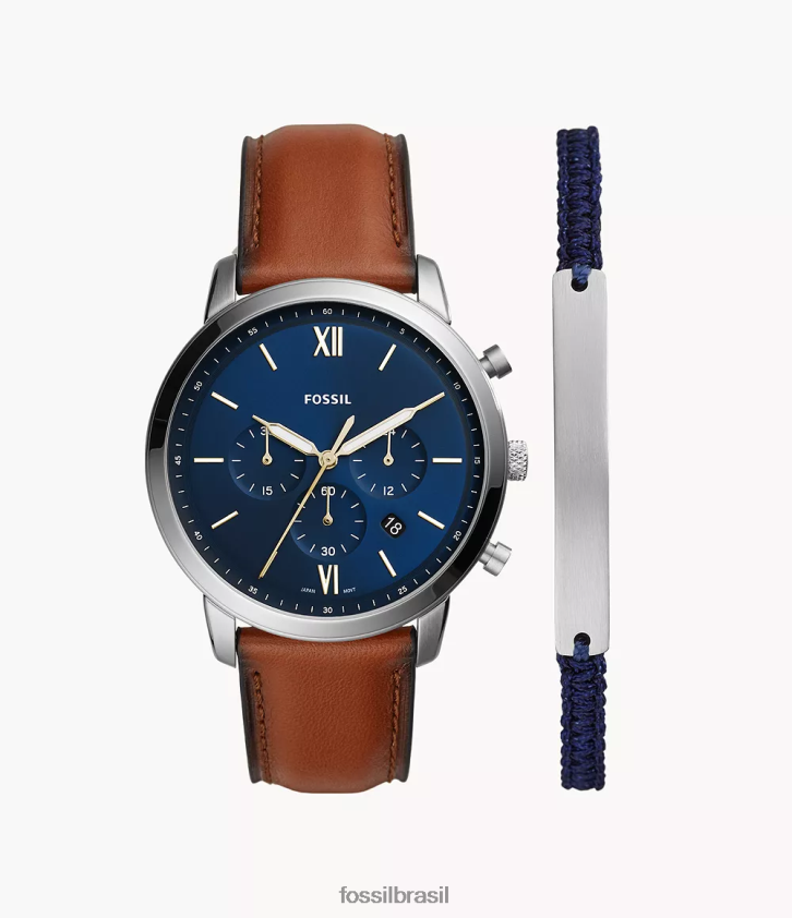 Fossil assistir homens Conjunto de relógio e pulseira de couro com cronógrafo neutro para bagagem azul 66RZLJ1436