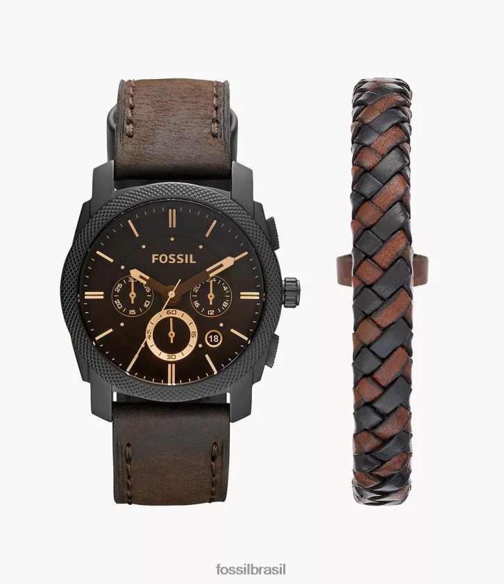 Fossil assistir homens conjunto de caixa de relógio e pulseira de couro com cronógrafo de máquina marrom escuro 66RZLJ1457