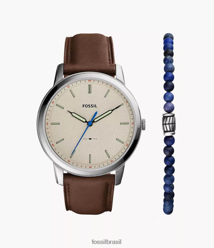 Fossil assistir homens conjunto minimalista de relógio e pulseira de couro de três ponteiros marrom 66RZLJ1421