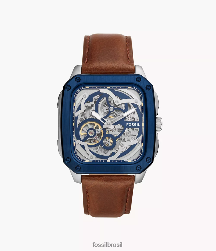Fossil assistir homens inscrição relógio de couro automático marrom 66RZLJ1428