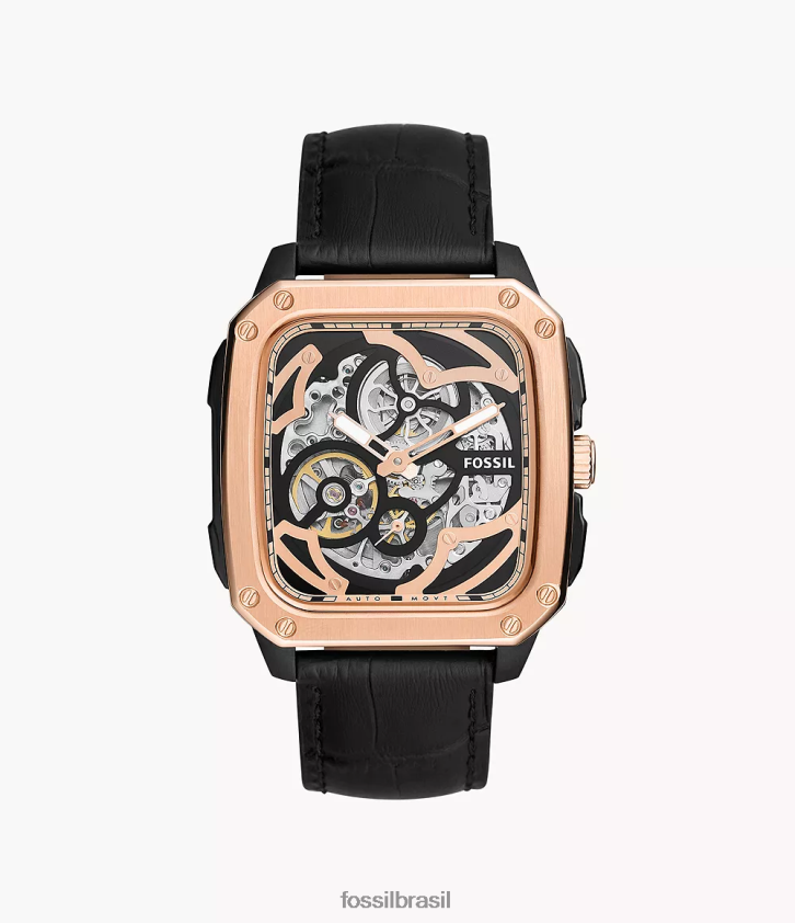 Fossil assistir homens inscrição relógio de couro automático preto 66RZLJ1445
