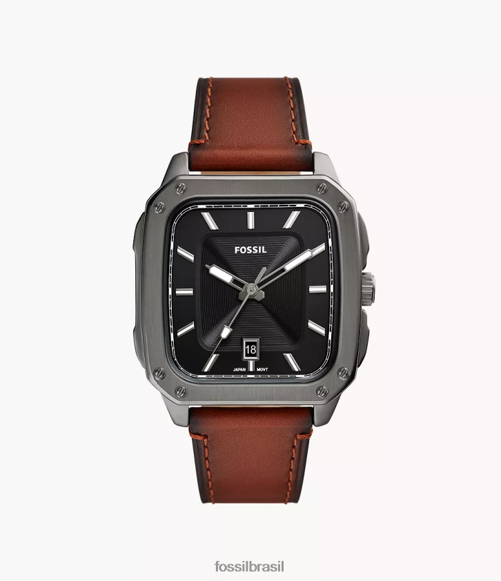 Fossil assistir homens inscrição relógio de couro litehide com data de três ponteiros âmbar 66RZLJ1411