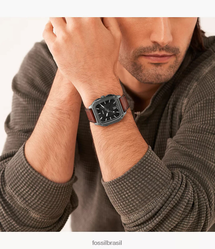Fossil assistir homens inscrição relógio de couro litehide com data de três ponteiros âmbar 66RZLJ1411