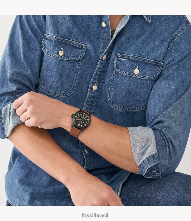 Fossil assistir homens relógio de couro defensor movido a energia solar bagagem 66RZLJ1443
