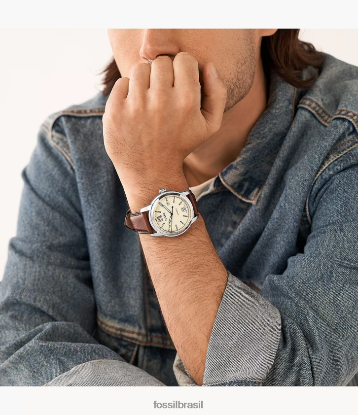 Fossil assistir homens relógio de couro litehide automático legado marrom 66RZLJ1454