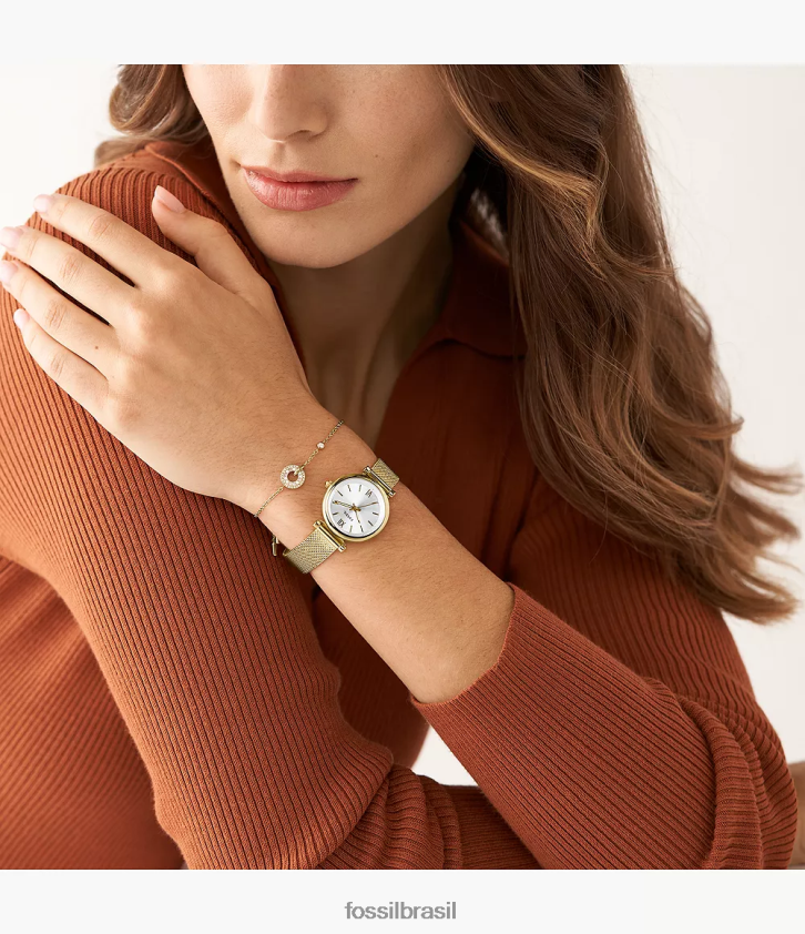 Fossil assistir mulheres carlie relógio de malha de aço inoxidável de três ponteiros e conjunto de joias tom de ouro 66RZLJ63