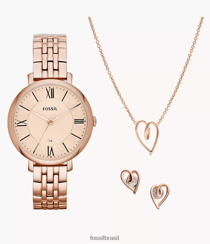 Fossil assistir mulheres conjunto de joias e relógio de aço inoxidável com data de três ponteiros jacqueline tom de ouro rosa 66RZLJ65