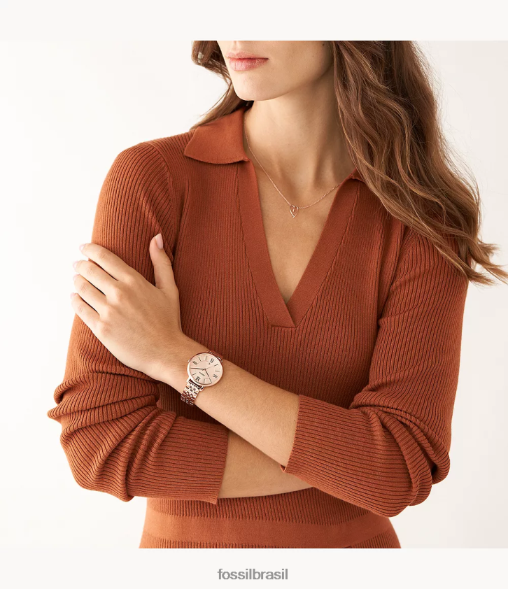 Fossil assistir mulheres conjunto de joias e relógio de aço inoxidável com data de três ponteiros jacqueline tom de ouro rosa 66RZLJ65