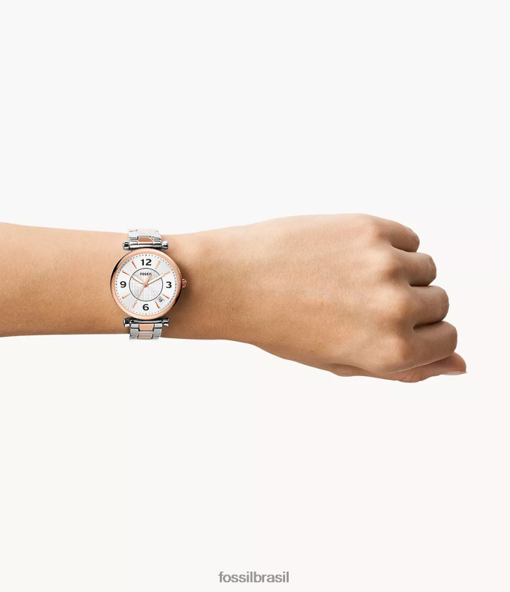 Fossil assistir mulheres relógio carlie em aço inoxidável com três ponteiros e data dois tons 66RZLJ64