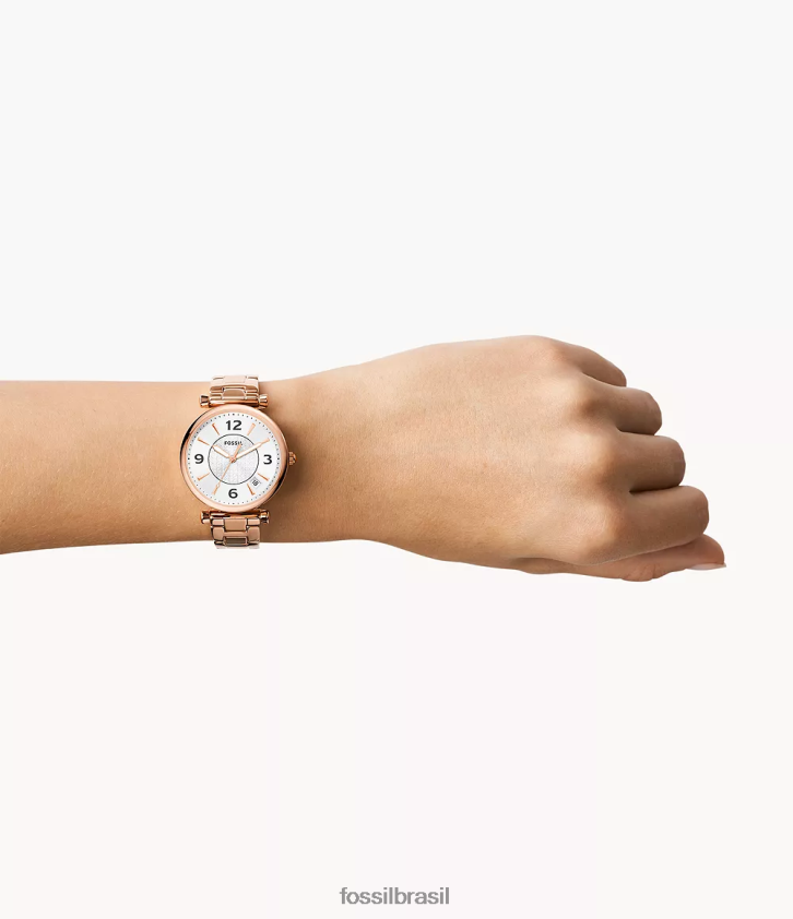 Fossil assistir mulheres relógio carlie em aço inoxidável com três ponteiros e data tom de ouro rosa 66RZLJ77