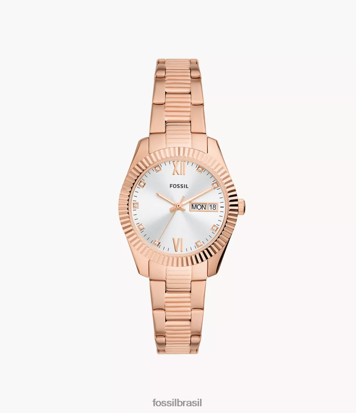 Fossil assistir mulheres relógio escarlate de três ponteiros em aço inoxidável com data e dia tom de ouro rosa 66RZLJ276