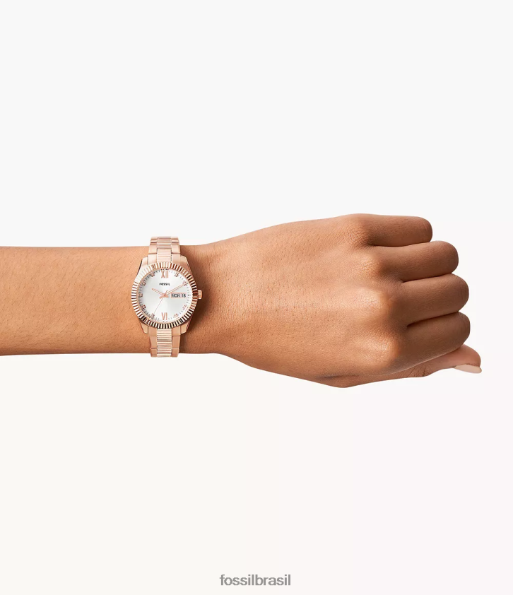 Fossil assistir mulheres relógio escarlate de três ponteiros em aço inoxidável com data e dia tom de ouro rosa 66RZLJ276