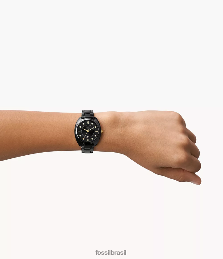 Fossil assistir mulheres relógio gabby com data de três ponteiros em aço inoxidável e cerâmica preto 66RZLJ83