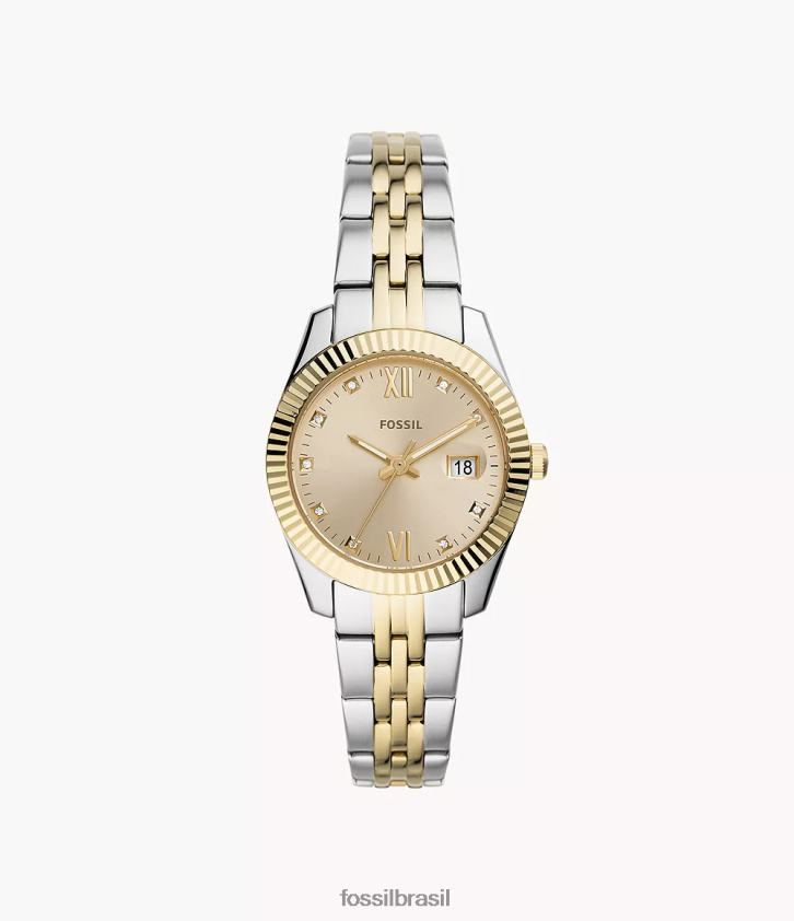 Fossil assistir mulheres scarlette mini relógio de três ponteiros em aço inoxidável com data dois tons 66RZLJ41