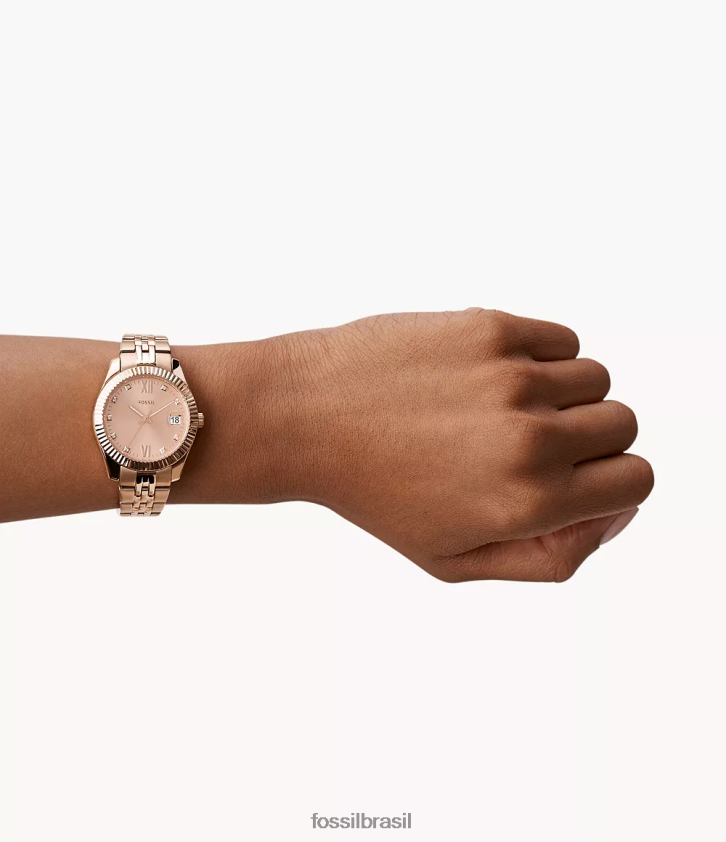 Fossil assistir mulheres scarlette mini relógio de três ponteiros em aço inoxidável com data tom de ouro rosa 66RZLJ51