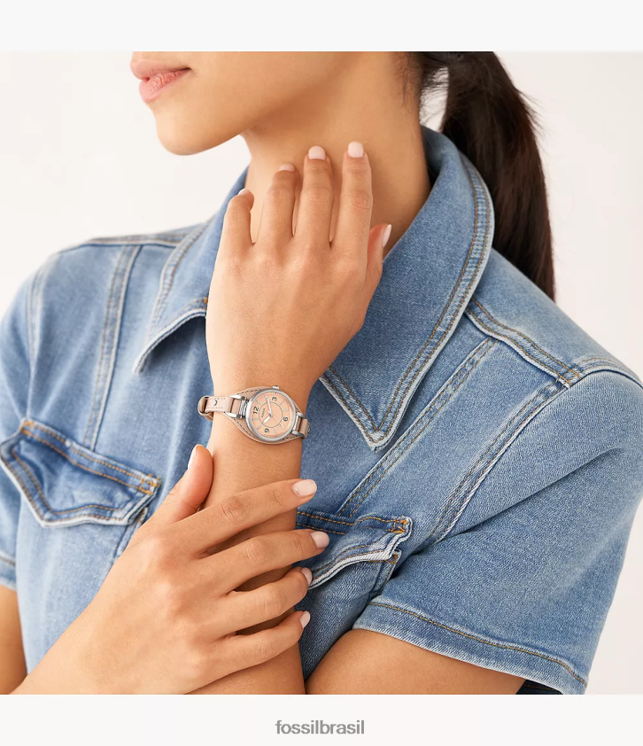 Fossil assistir mulheres carlie relógio de couro litehide bege de três ponteiros café com leite 66RZLJ223