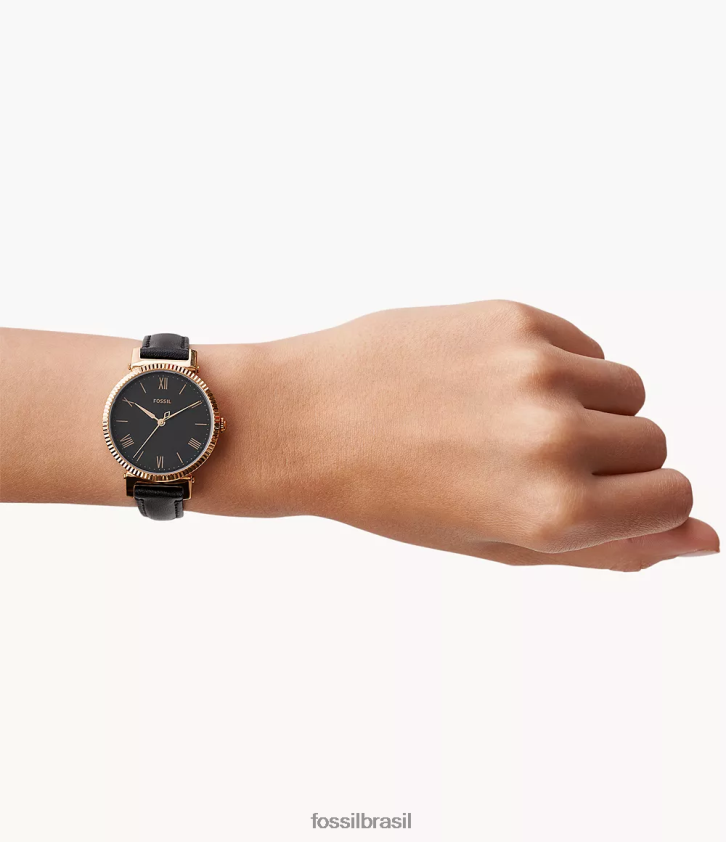 Fossil assistir mulheres relógio margarida de couro com três ponteiros preto 66RZLJ94