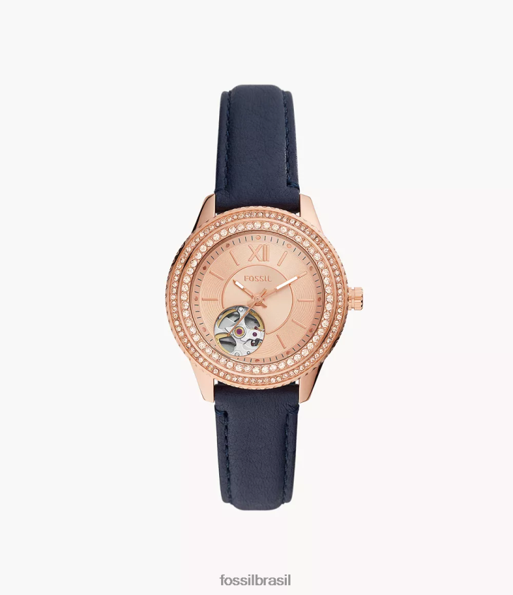 Fossil assistir mulheres relógio stella automático em couro litehide marinha 66RZLJ88