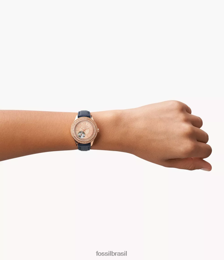 Fossil assistir mulheres relógio stella automático em couro litehide marinha 66RZLJ88
